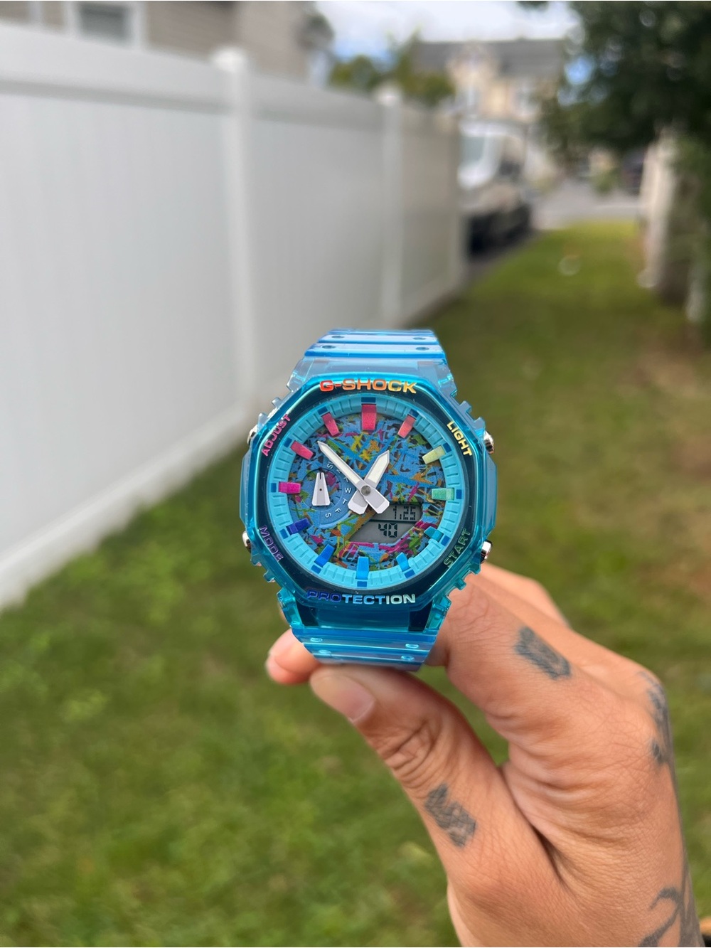 G-Shock Blue Transparent Resin Watch with Multicolor Dial Accents